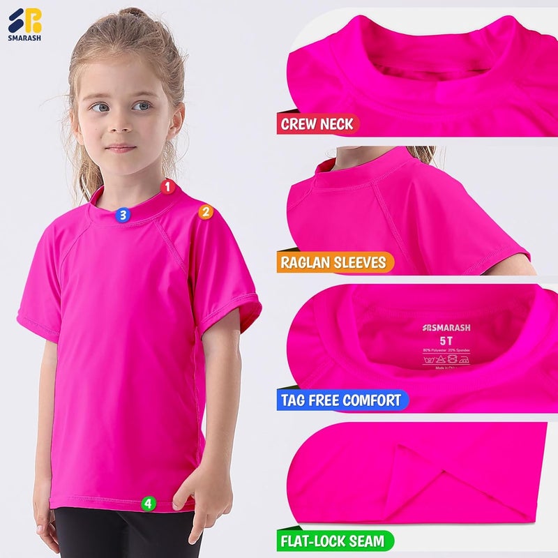Smarash Girls Rash Guard Swim Shirt Short Sleeve for Toddler Kids Youth Rashguard Water Shirt UPF50+ Swimming Fishing Sun SPF Tee Neon Pink 3-6M - Image 3